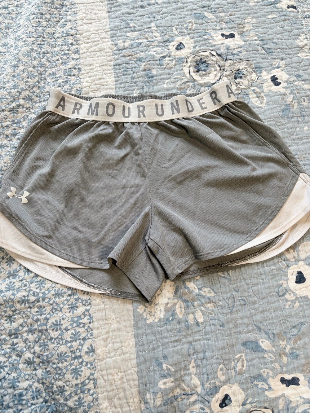 Under Armour Gray Double-Layer Athletic Shorts with White Trim